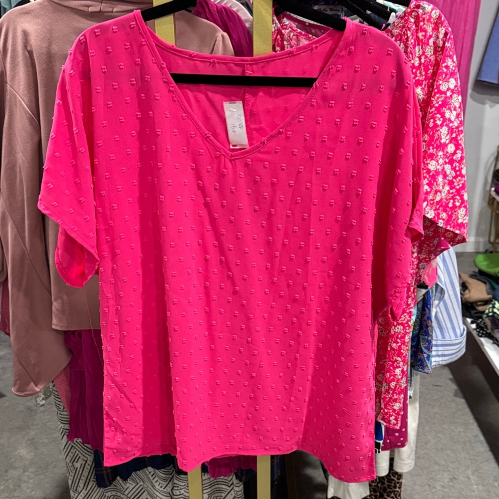 Women’s V-Neck Textured Flutter Sleeve Top - Hot Pink